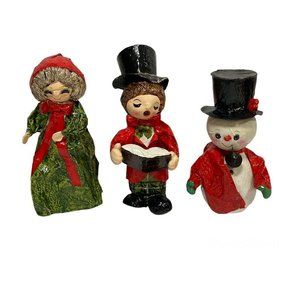 Vintage White Rose Paper Mache Christmas Snowman Caroler Old Woman Mrs. Claus